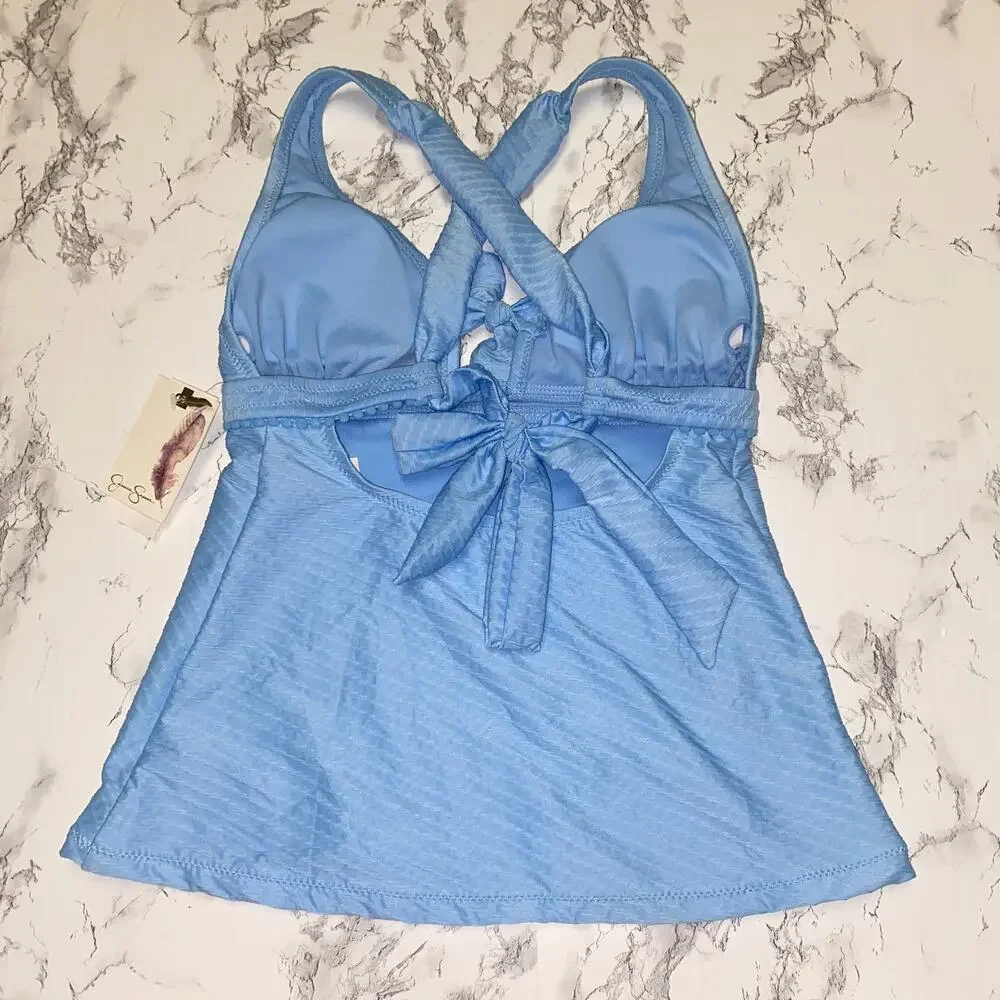 NWT Jessica Simpson Blue Ribbed Tankini Swim Bathing Suit Top Women's Size Small